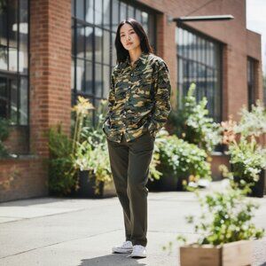 Distressed Hem Camo Button Shirt Army Patch Embellishment XL